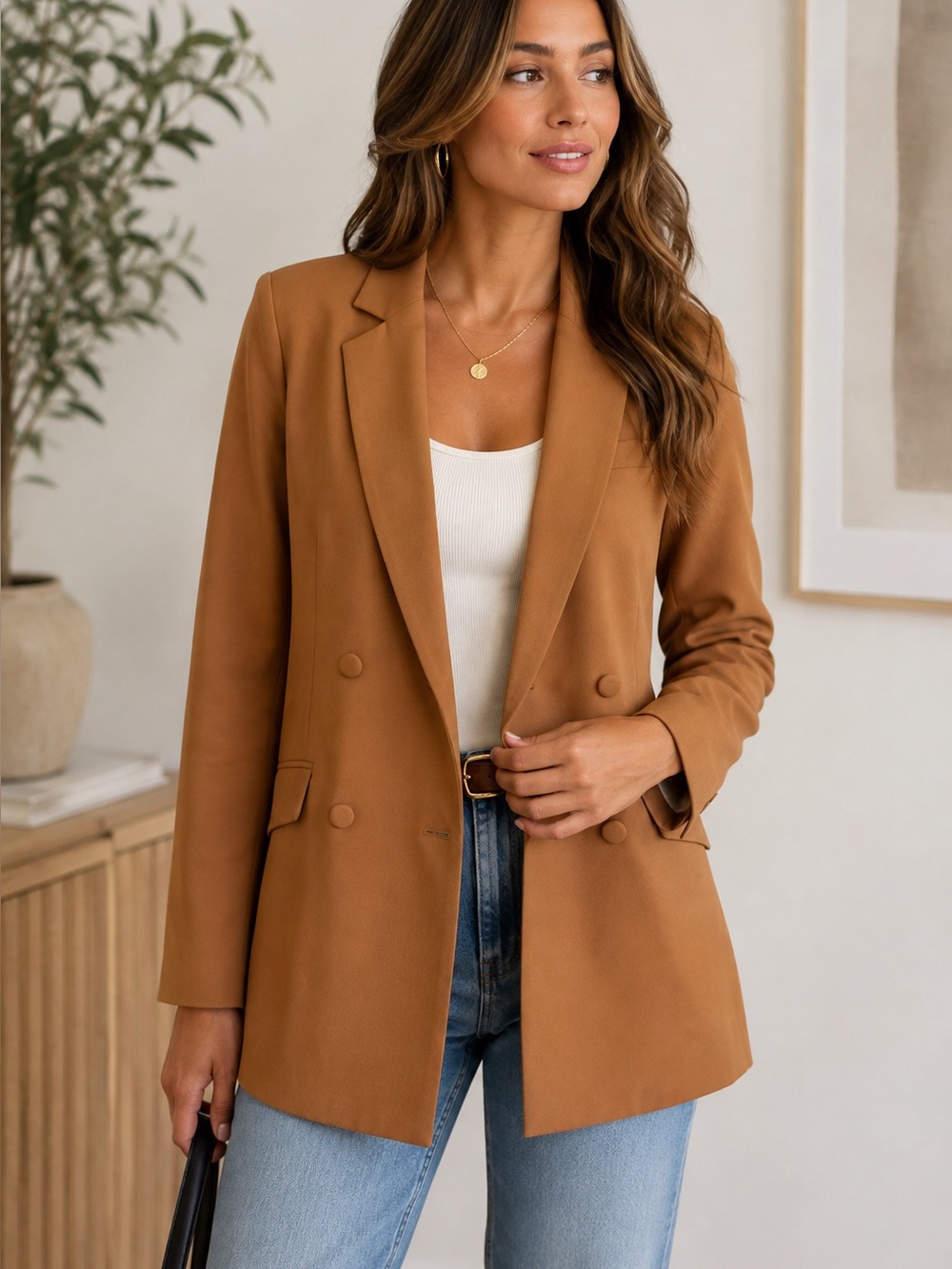 HYFVE Camel Brown Double Breasted Longline Blazer Size Large